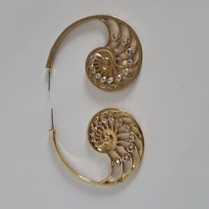Gold Colored Flat Shell Style Earrings with Gems (Costume Jewelry)